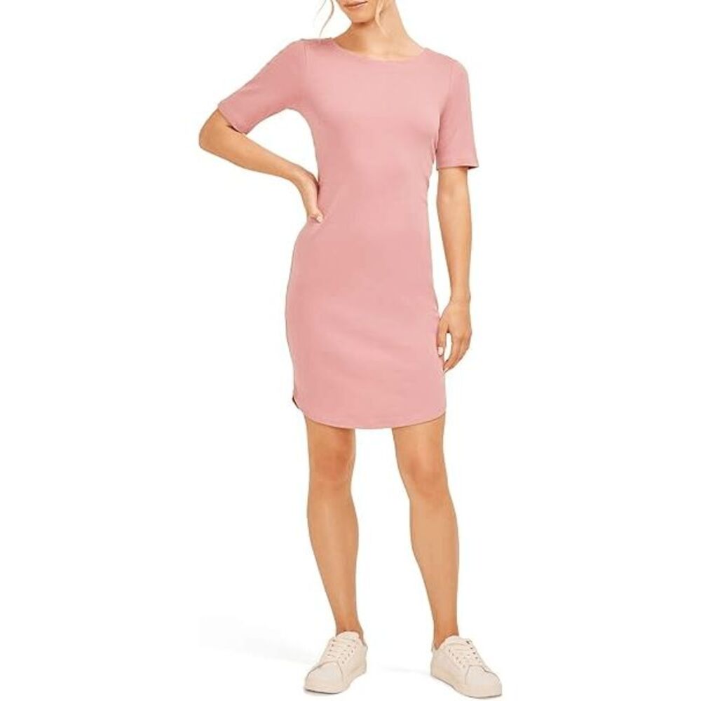Three Dots Women's Boat Neck Curved Hem Cotton T-shirt Dress Foxglove M NEW